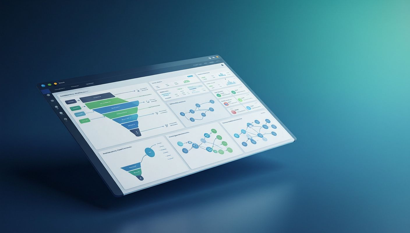 Инфографика, показывающая связь между этапами воронки SaaS (осведомленность, рассмотрение, решение) и соответствующими отчётами Яндекс Метрики: 'Глубина просмотра', 'Цели', 'События'.